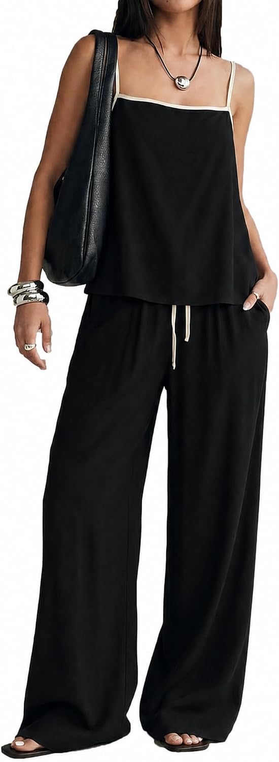 2 Piece Sets for Women Summer Casual Lounge Spaghetti Strap Top Wide Leg Pants Matching Set Vacation Travel Outfits