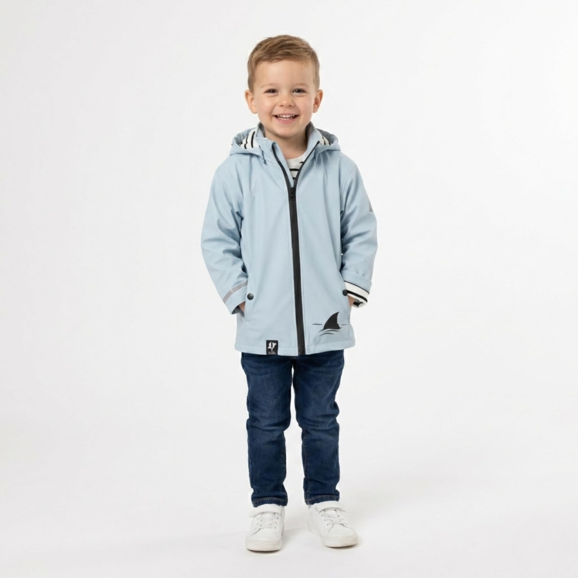 Ciré Imperméable Enfant 2 à 5 ans avec Capuche, Veste de pluie intérieur Rayé en coton haute qualité, fermeture éclair hydrofuge, Bandes réfléchissantes, Matière PU recyclable minimum de pollution