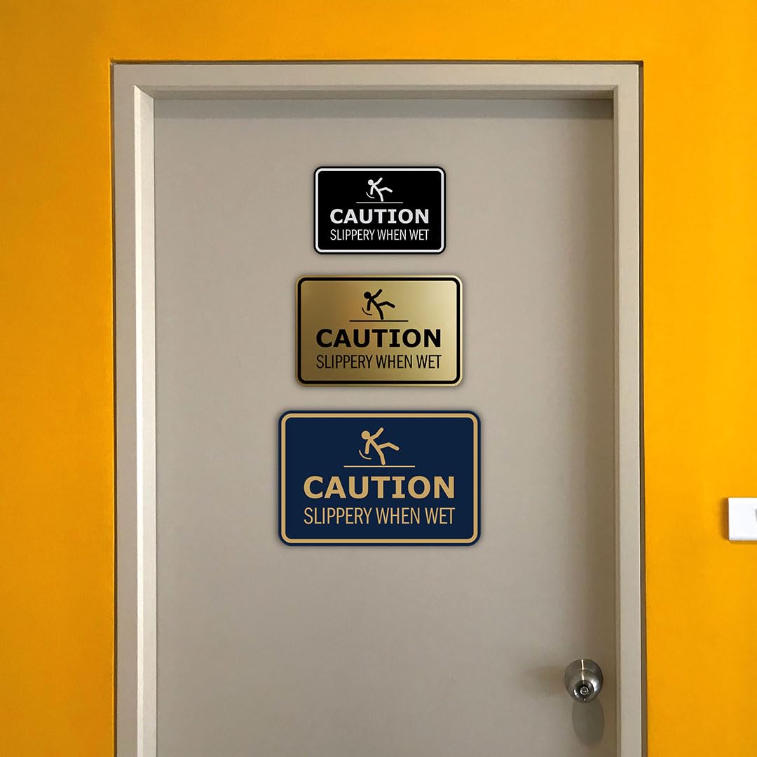 Signs ByLITA Señal de advertencia enmarcada clásica con texto en inglés "Precaution: Slippery When Wet Door or Wall Sign" de fácil instalación, salud y seguridad, construcción y advertencia (azul) -