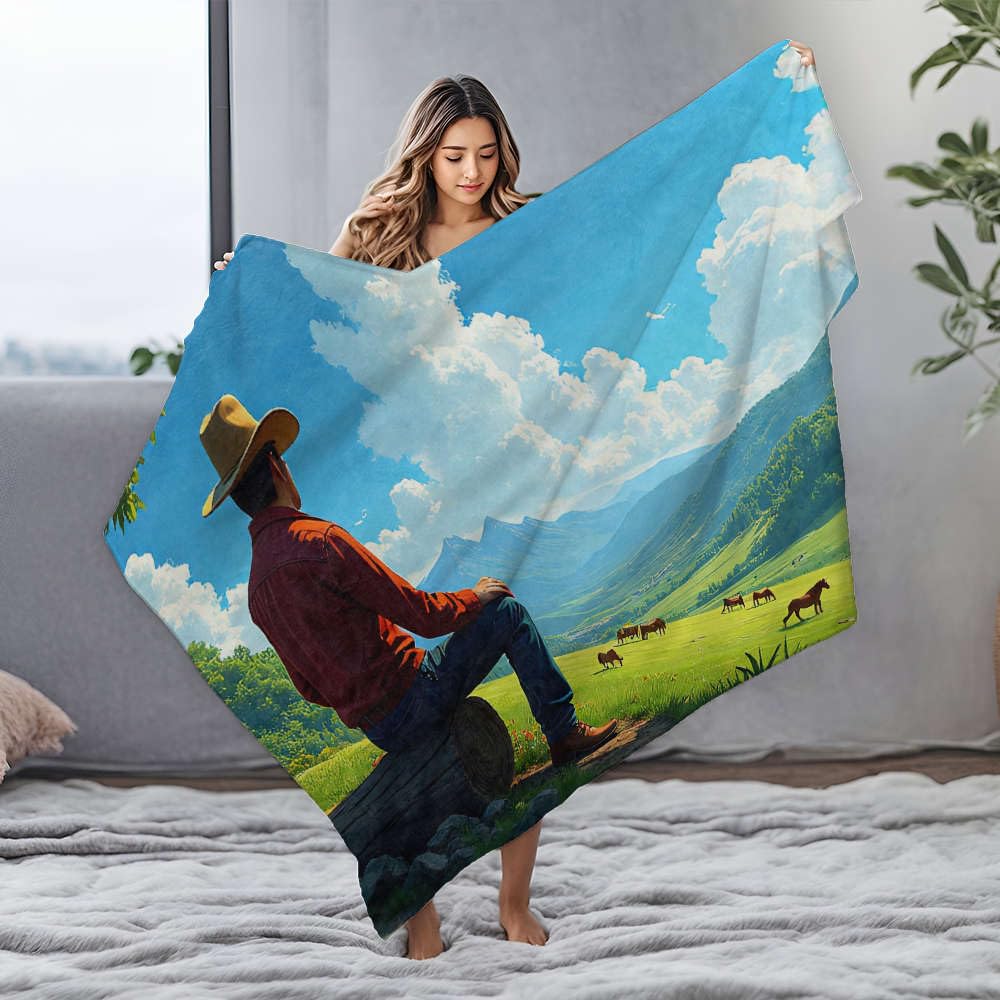 Popielniczka Kowboj siedzi na kłodzie, patrząc na konie pasące się w bujnej dolinie flanelowy koc torba duży koc narzuta (150 x 200 cm)