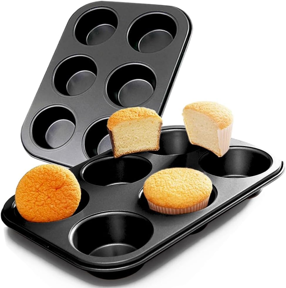 KNWER CLOTHING 2 Pack 6 Cup Muffin Tray Non Stick Baking Tin – Cupcake, Yorkshire Pudding & Brownie Pan – Carbon Steel Oven Bakeware, Easy Release, Dishwasher Safe
