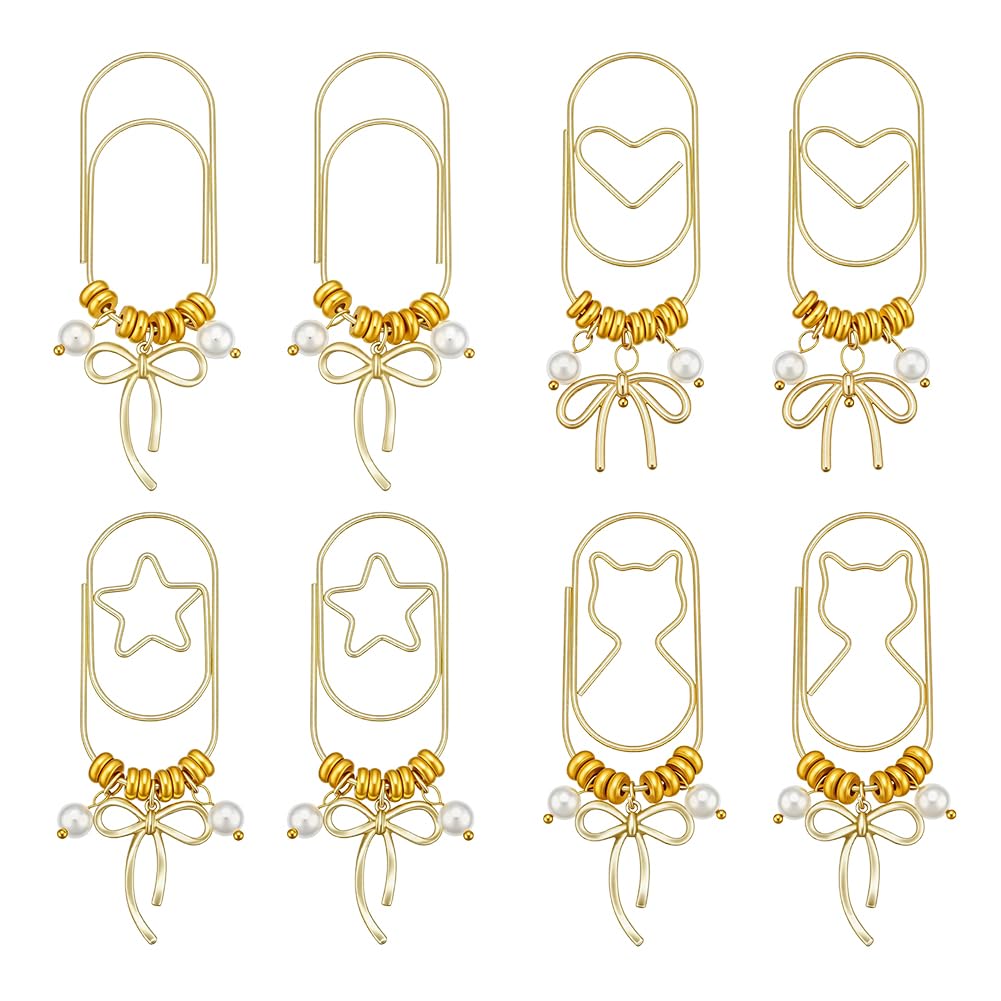 OLYCRAFT 8Pcs Bowknot Charms Paper Clips Paper Clip Bookmark Stars Metal Paperclips Cute Bookmark with Alloy Heart Pendants Pearl Bookmarks Clips for Read Lovers Bookmarks Clamp Desk Accessories
