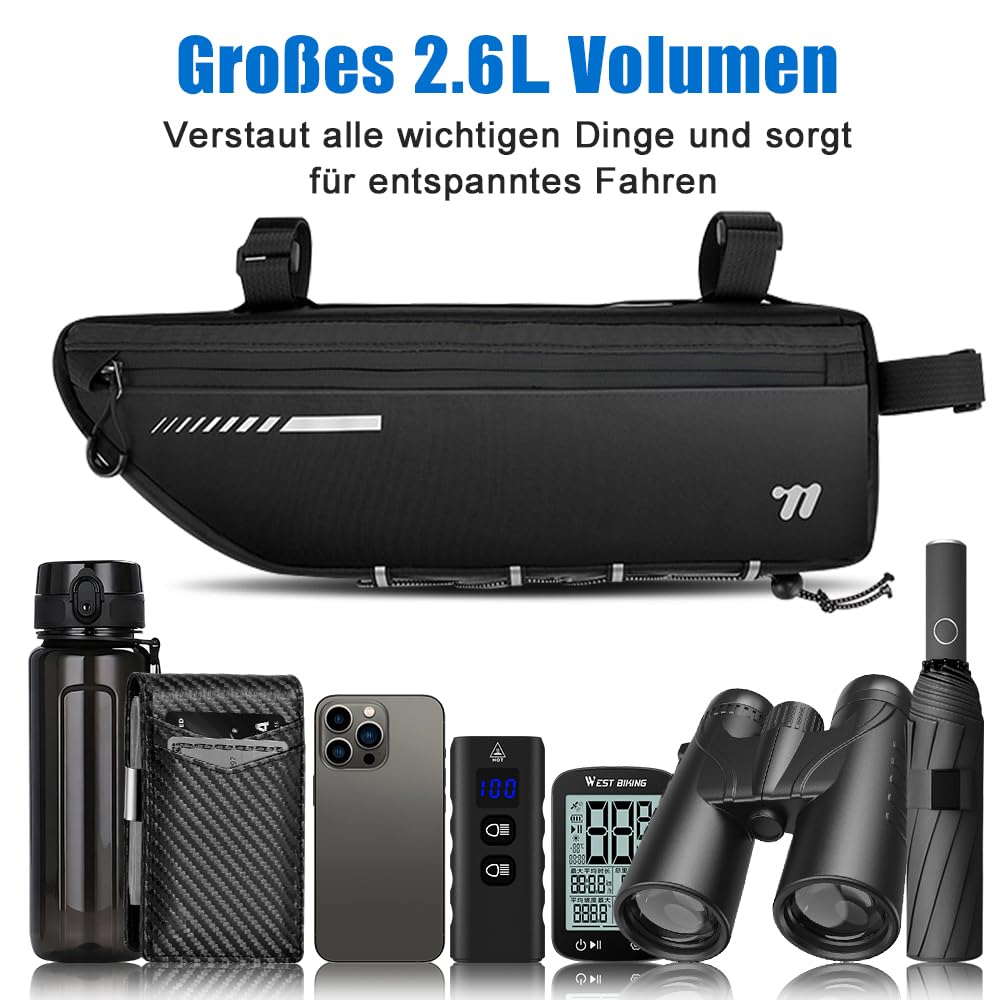 Oberrohr Fahrradtasche - 2,6L Rahmen Fahrradtasche mit Wasserdichtem Reißverschluss, Top Tube Bike Bag, Robuste Fahrradzubehörtasche für MTB Rennrad Gravelbike (Ganz Schwarz)