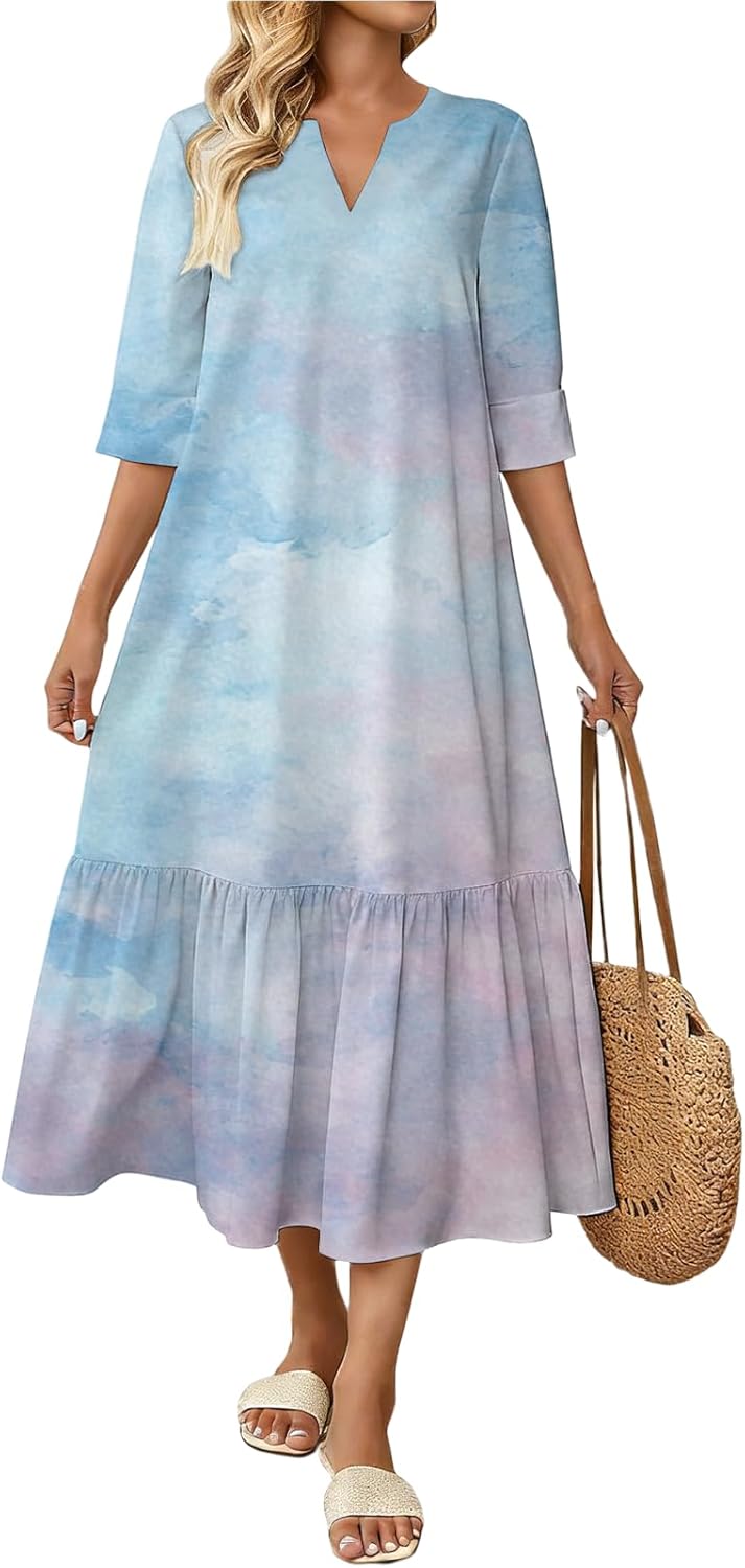 domirica Womens Boho Floral Dress Loose Fit 3/4 Sleeve Flowy Sundress Comfortable Casual Dresses with Ruffle Hem