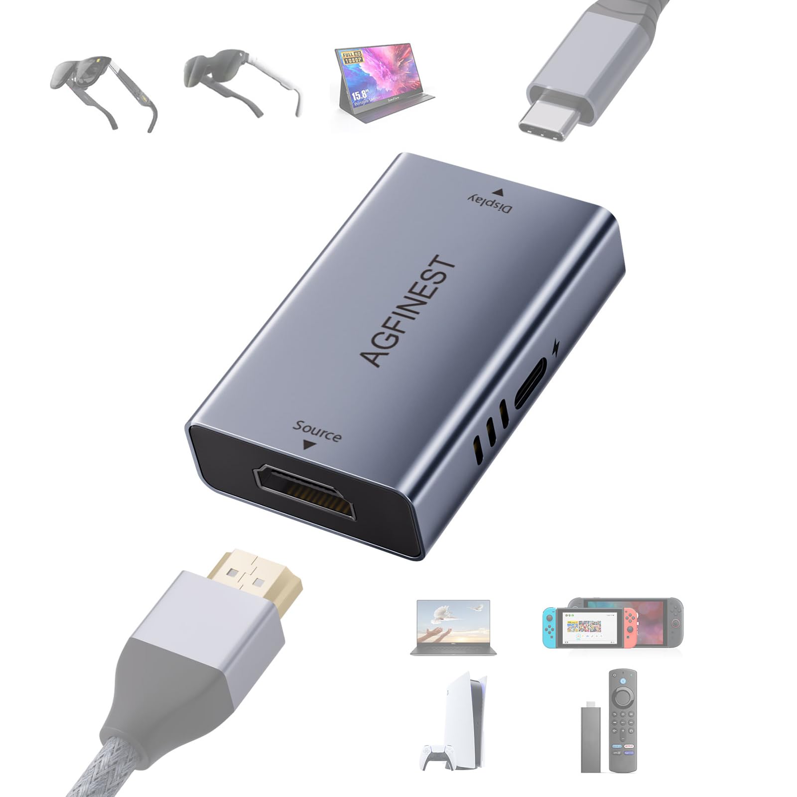 Adaptateur HDMI Vers USB-C Lunettes AR - 8K@60Hz 4K@120Hz 2K@240Hz Unidirectionnel HDMI → USB-C pour PS5 Xbox Switch PC Fire TV Stick vers XREAL Rokid VITURE Écran Portable, Câble Alimentation Inclus