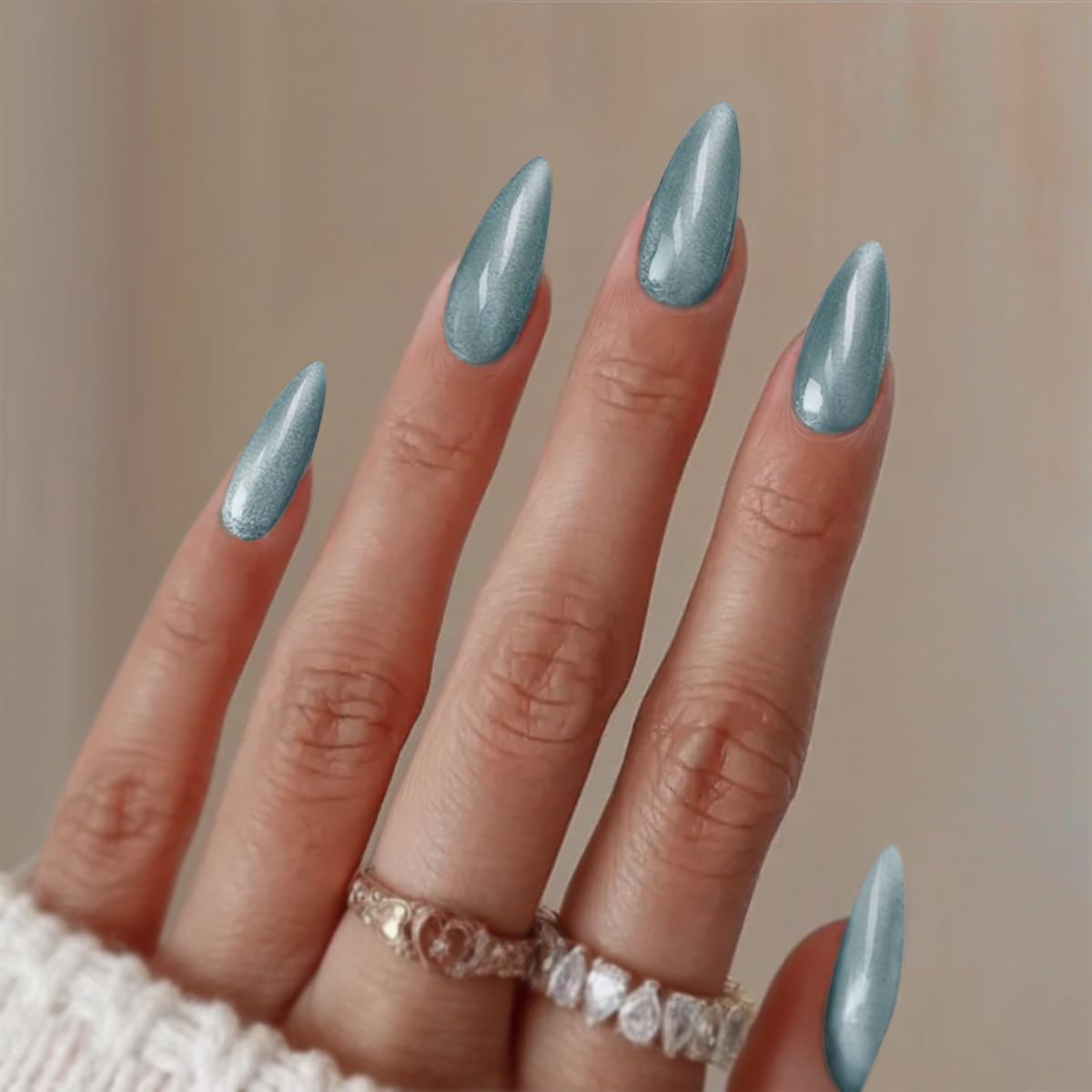 Secret Lives Cats Eye Reusable Artificial stiletto shape Bluish Grey Color Lightweight & Long Lasting| Easy To Use Press on Nails 24 PCS Set with Kit-picture-47