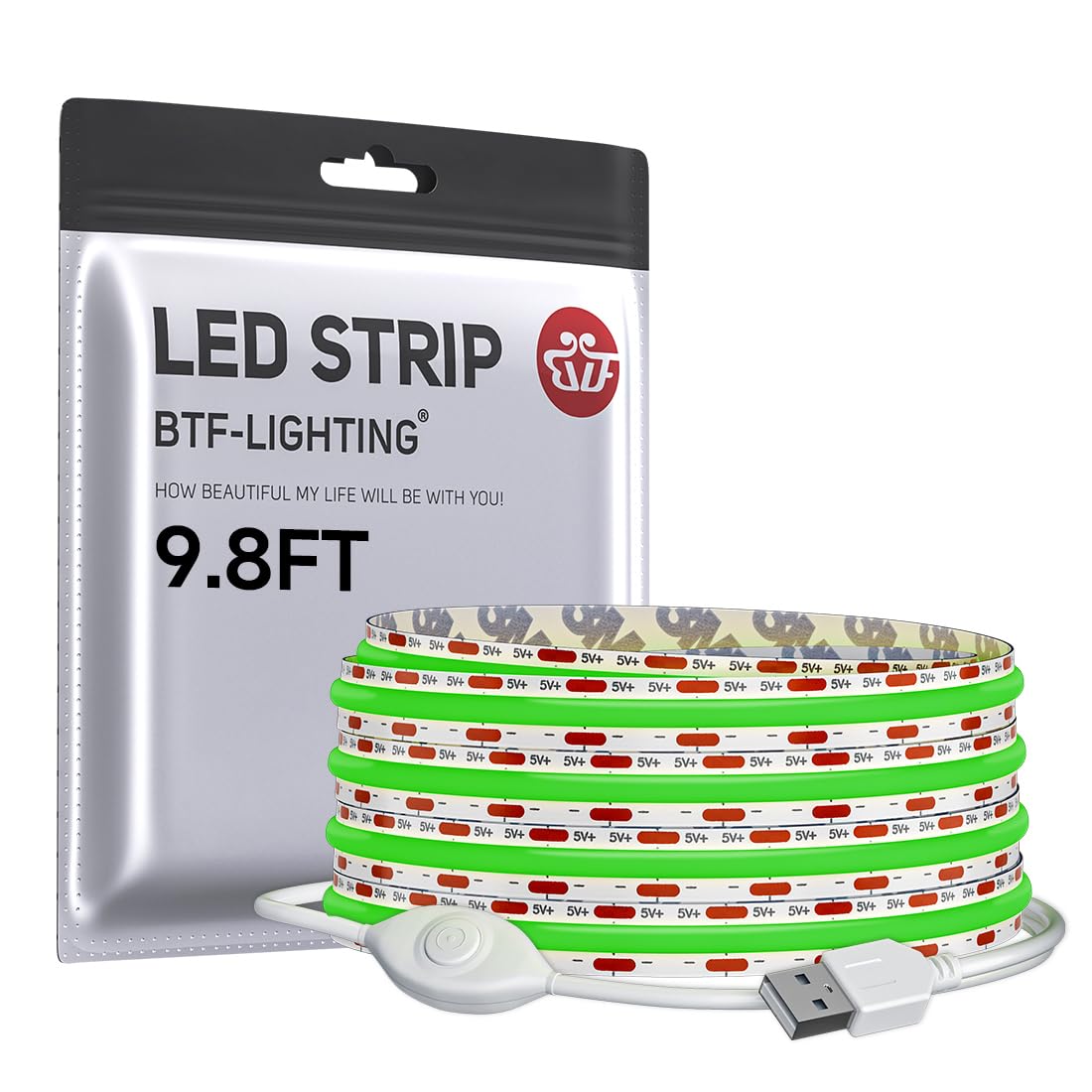 BTF-LIGHTING FCOB COB LED Strip Lights 5V USB Powered Green Color for TV