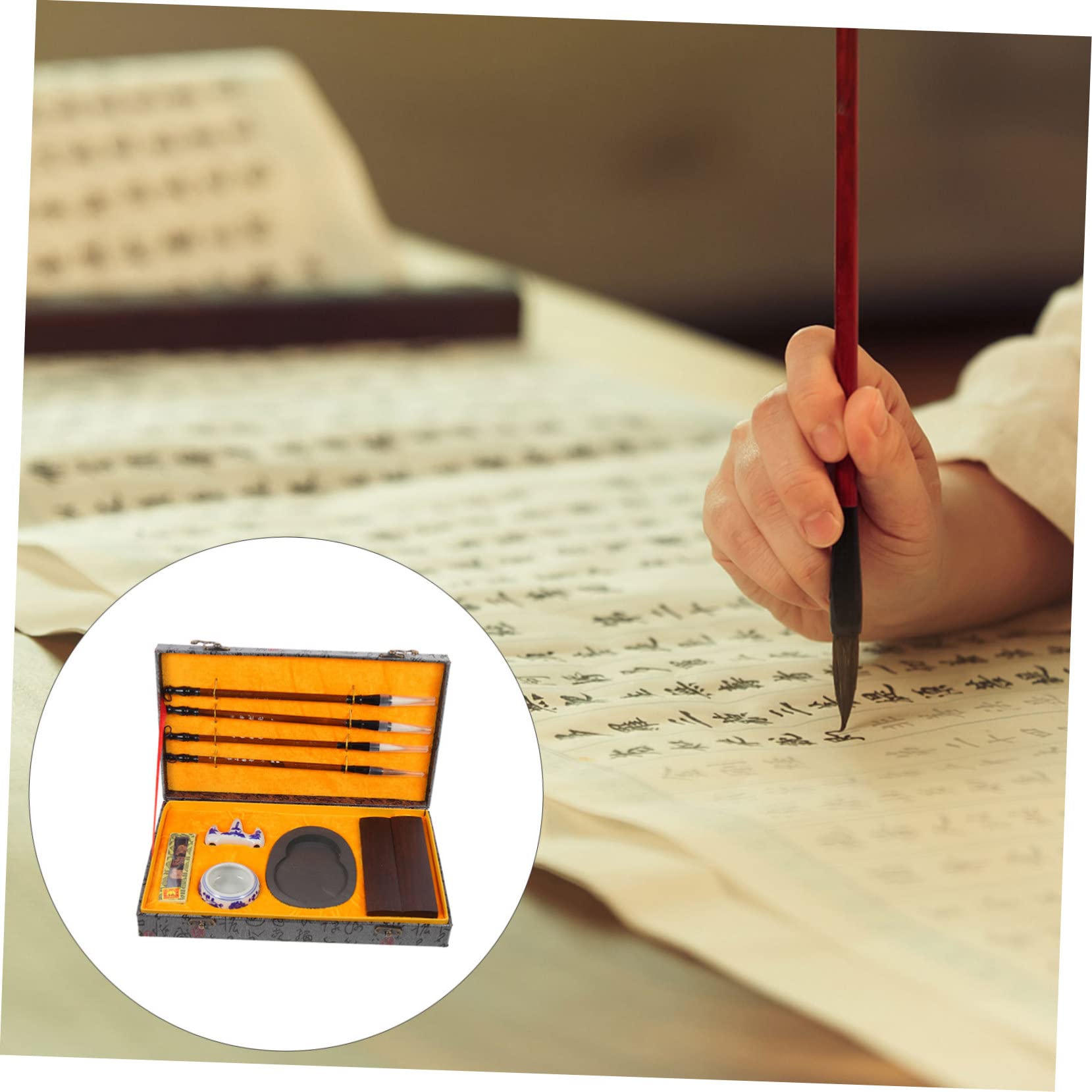 Mikikit Set Pennelli Calligrafia Cinese Bastoncini e Pietra per Inchiostro, Forniture per Calligrafia Studenti e Appassionati, Materiale Resistente, Design Semplice e Portatile