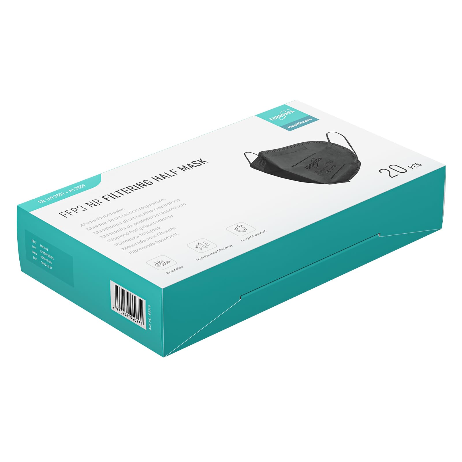 EUROPAPA® 20x Masques Noirs FFP3 Masque Respiratoire Masques Anti-PoussiÈRe 5 Couches HygiÉNique Corps EmballÉ Individuellement CertifiÉ EN149:2001+A1:2009 Masque Facial EU2016/425