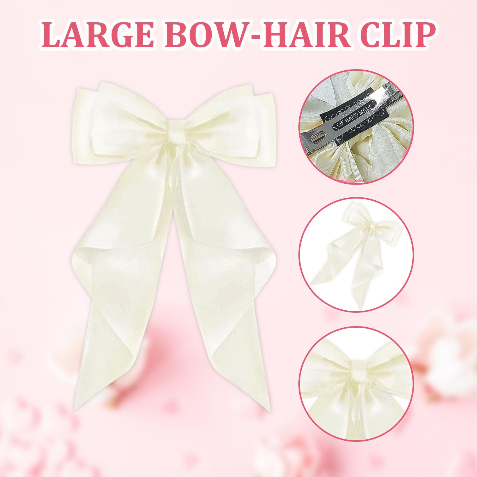 FEXPDL Pack of 3 Hair Bows - Large Satin Bowknot Clips in Black, Pink, and White for Women and Girls, Pink+White, 2 count (Pack of 1) - Image 3