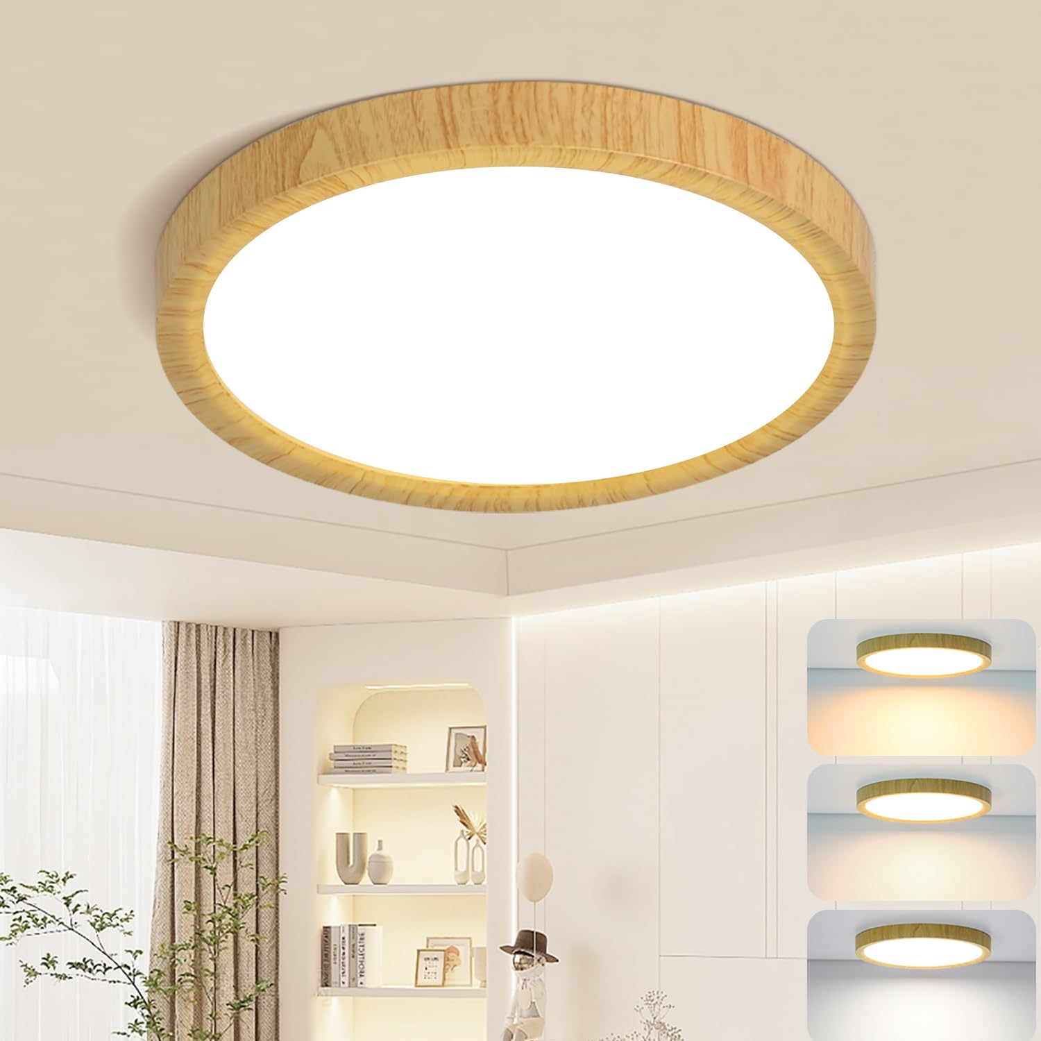 CANMEIJIA LED Ceiling Light Wood Grain Flat Kitchen Light Ceiling 30W 3000K/4000K/6500K 3 Color Temperature Round Ceiling Lighting for Kitchen, Bedroom, Hallway, Living Room