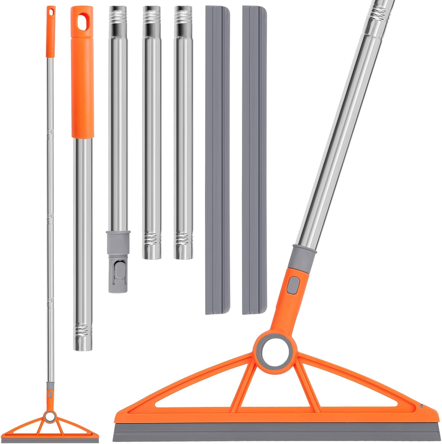 2-in-1 Air Broom, 180° Rotating 54 Inch Adjustable Rubber Broom Includes 2 Scraping Strips, Sweep and Silicone Tools with Long Handle for Cleaning Bathrooms, Kitchens, Glass, Tiles, Pet Hair