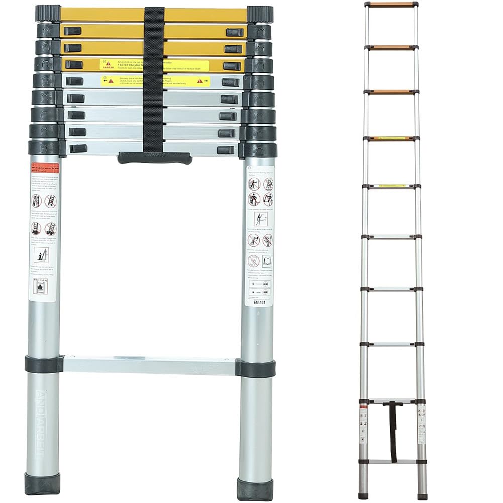 Escalera telescópica de aluminio, compacta y plegable, soporta hasta 150 kg, peldaños antideslizantes y patas de goma, para casa y jardín (3,8 m)