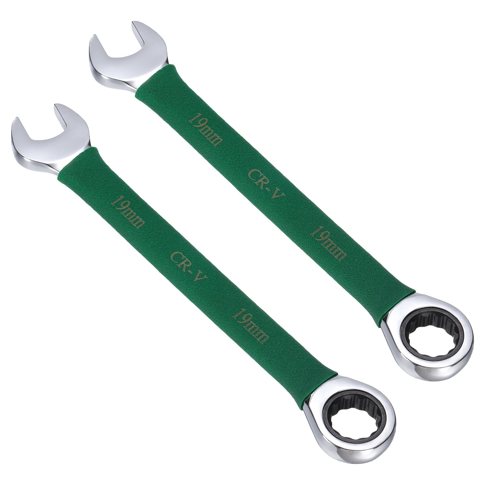 sourcing map 2Pcs Ratcheting Combination Wrench 19mm Stubby Wrench Metric Steel Double 12-Point Box Open-Ended Ratchet Spanner Tool for Household Garage Workshop Auto Repairs, Green