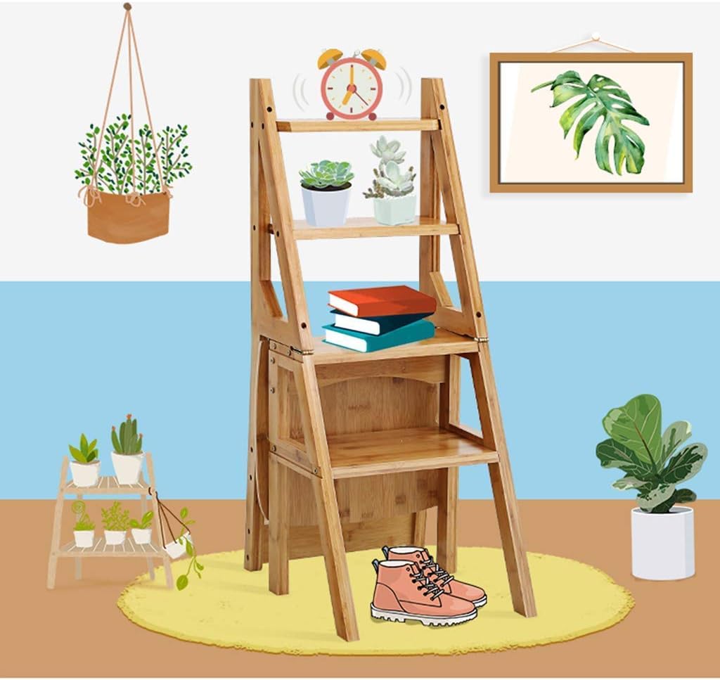 DASHADAO Indoor Climbing Stool,Folding Portable Ladder Step Stool Folding High Chair Staircase Stepladder Bamboo Dual-Use Climb 4-Step Ladder Widened Safety Portable Flower Rack Shoe Bench