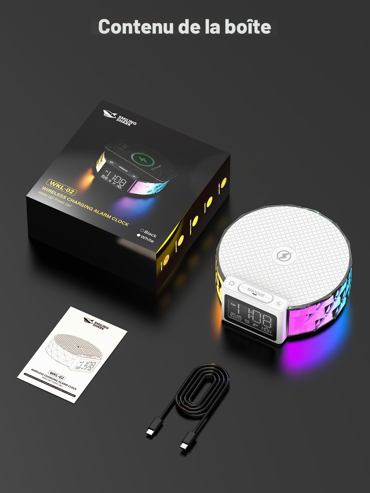 Smiling Shark Lumière de Réveil, Intelligente Lampes Réveil Chargeur sans Fil avec 3 Niveaux et Éclairage RGB Contrôle Tactile Ambiance Veilleuse Reveil Lampe de Chevet Charge pour Chambre Décor