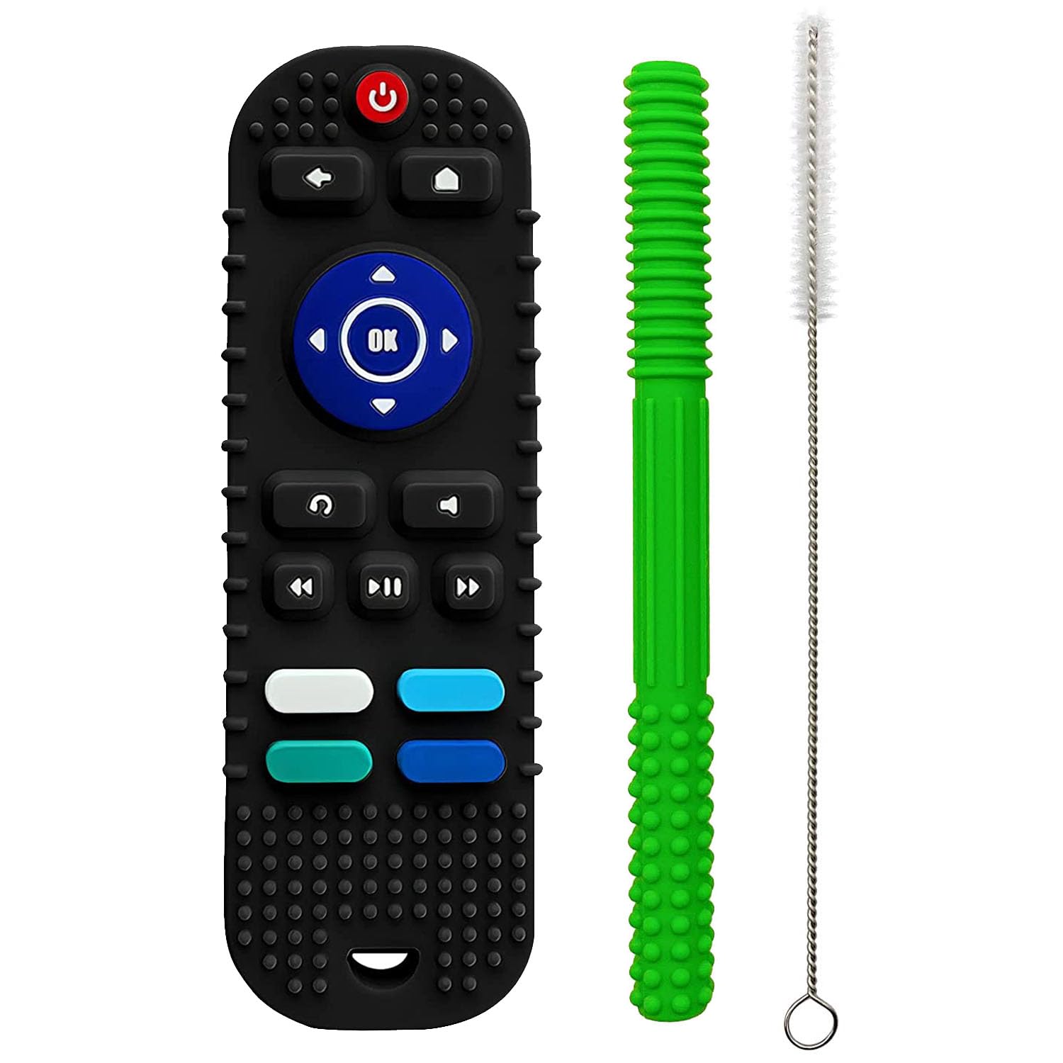 Silicone Remote Teether for 6 to 12 Months Baby, 1Pc Hollow Teething Tube with 1 Brush, Helps Biting Skills Development, Teething Toys for Babies and Toddlers (Combo Pack), Multicolor