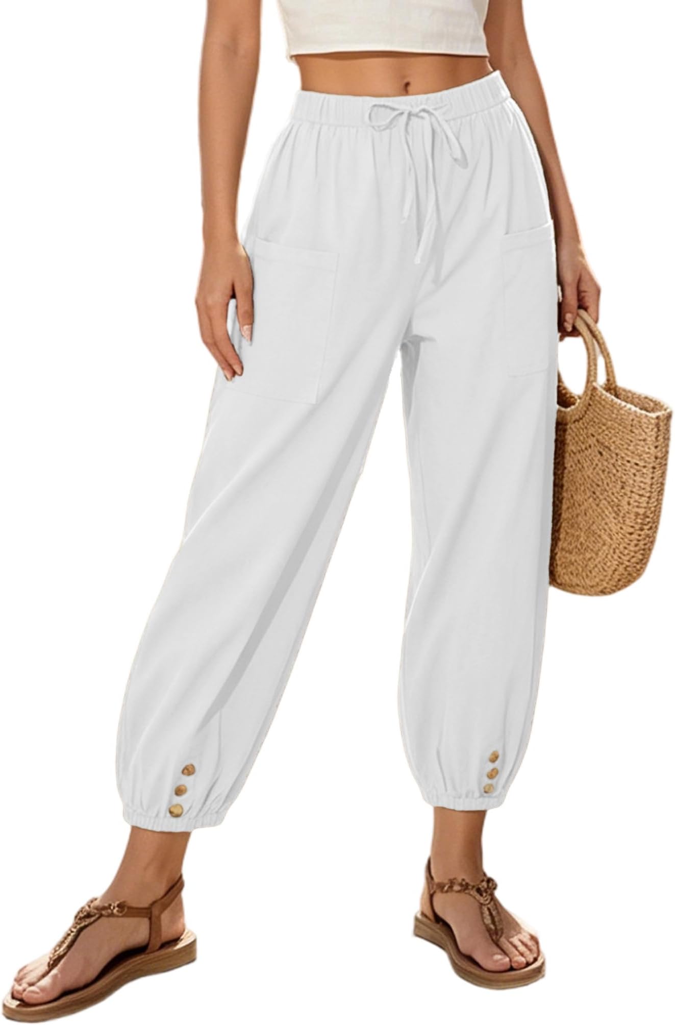 Women Capri Pants Casual Drawstring Elastic High Waist Baggy Wide Leg Cropped Pants Trousers for Ladies Summer