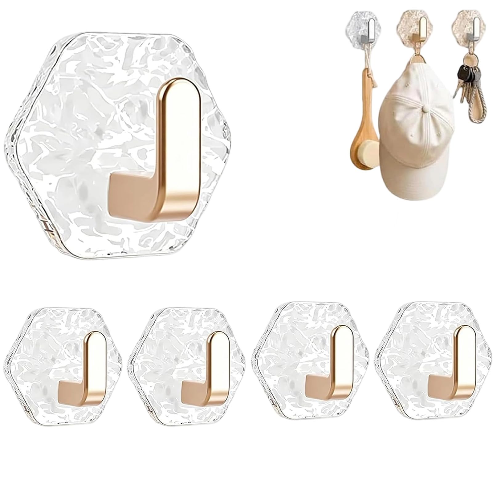mondpfote Glacier-Ripple Hook, Water Ripple Hexagonal Self Adhesive Hooks, 5/10 Pack No Drill Heavy Duty Clear Hooks for Towels, Keys & Decor (glo-5pcs)