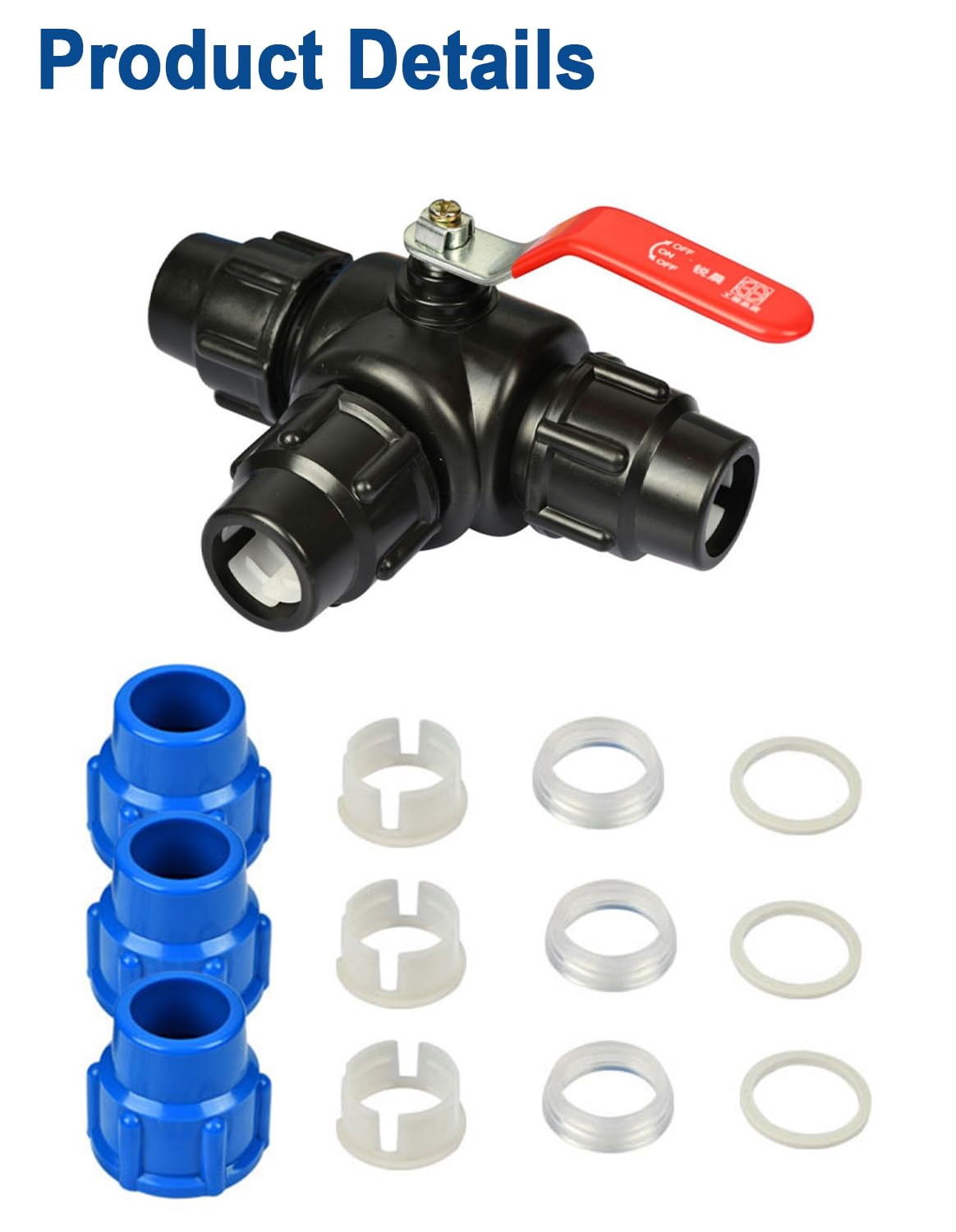 PP-Fitting, złącze zaciskowe, uchwyt dźwigniowy, zawór kulowy do rury PE (trójnik, 32 mm)