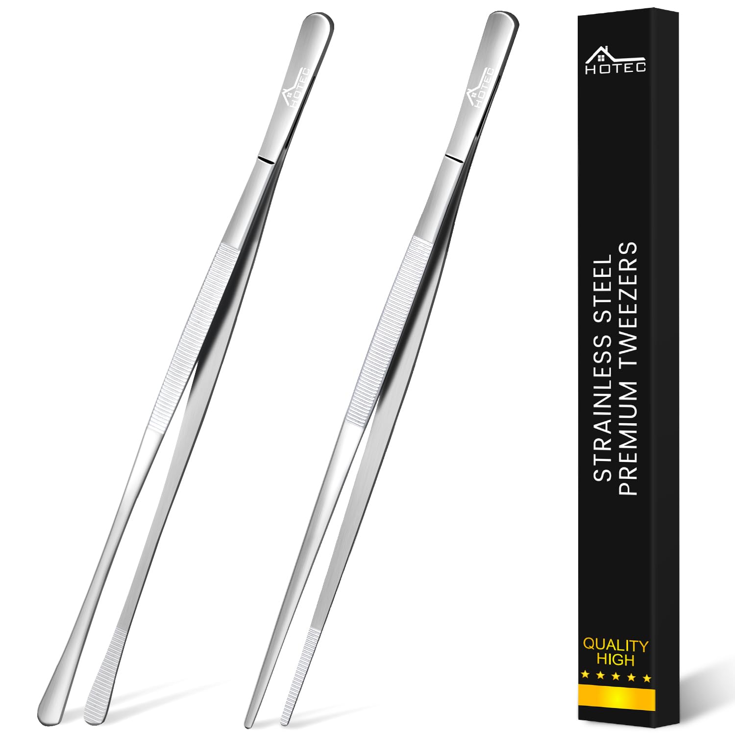 Hotec 12-Inch Stainless Steel Tongs, Multipurpose Tweezer Food Tongs Stainless Steel Steak Clip BBQ Long Tweezer Tongsg, Grilling and Baking, Cooking Tweezers Precision Serrated Tips, Set of 2