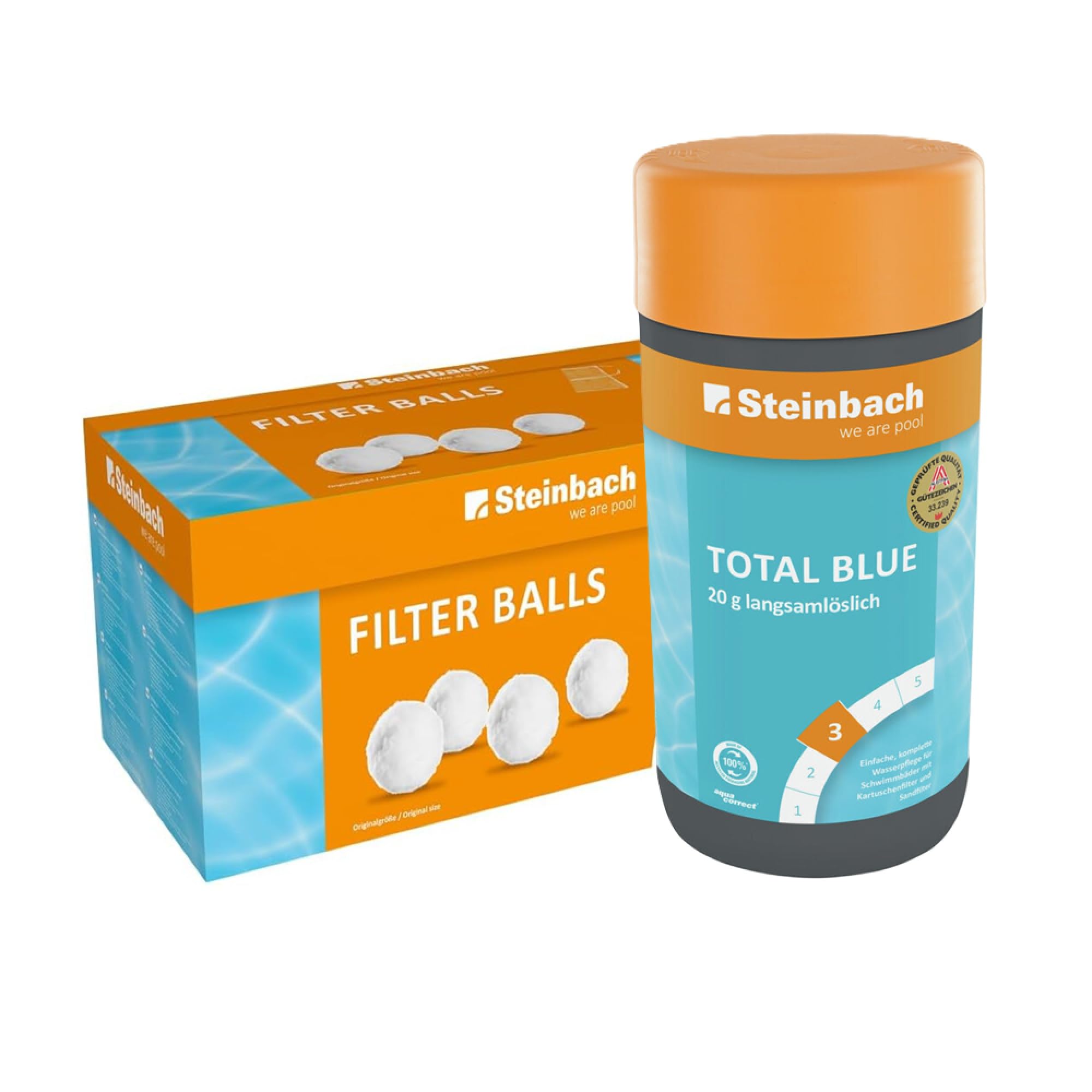 Steinbach Poolpflege-Set | Total Blue (20 g Tabs) 1 kg & Filter Balls 700 g | langsamlösliche Multifunktionstabletten | ersetzt 25 kg Filtersand | klares Wasser für Kartuschen- & Sandfilteranlagen
