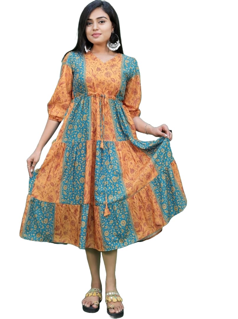 Women's Rayon Floral Print Tiered Maxi Dress with V-Neck, Blue and White