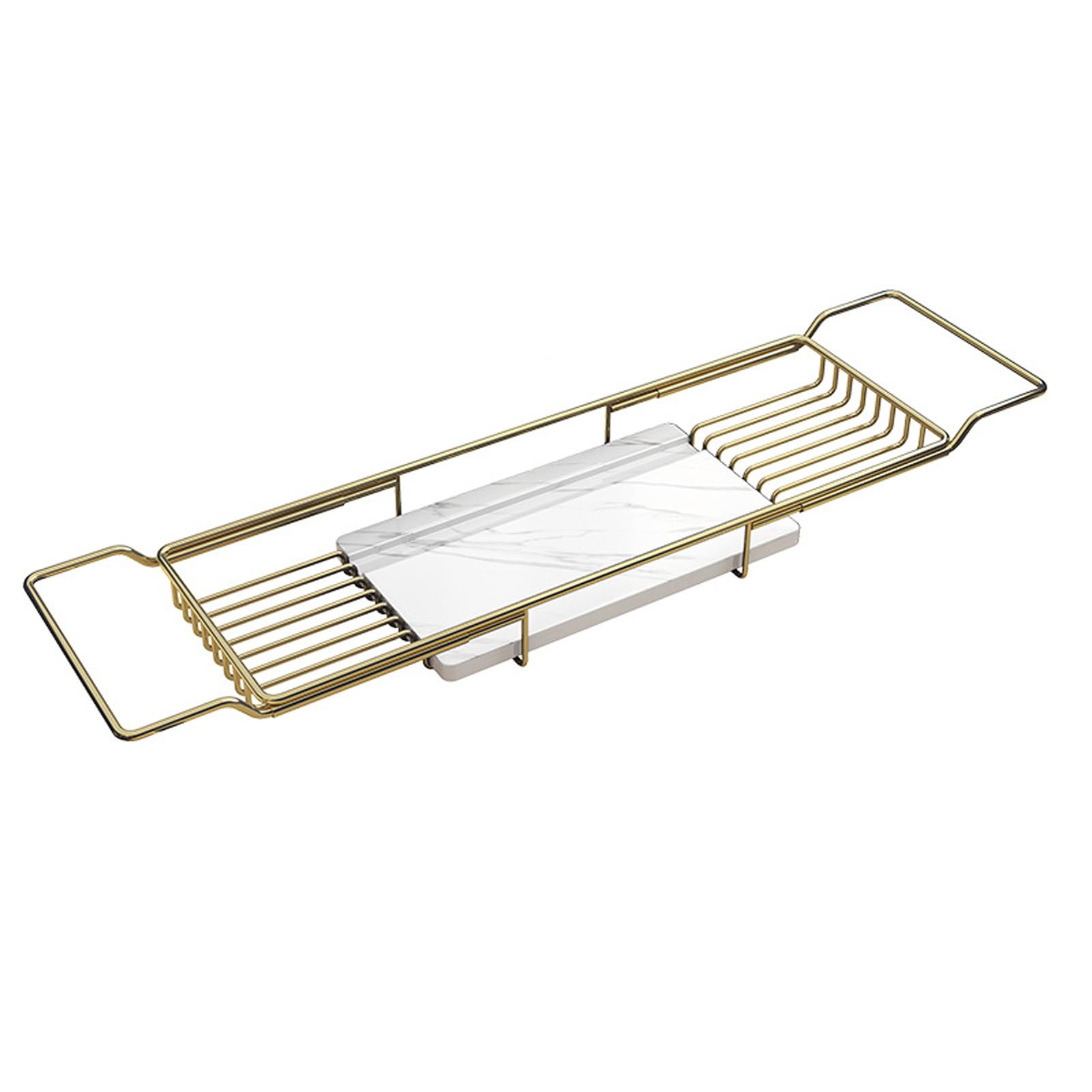 JKJZSALJ Adjustable Bathtub Caddy Tray, Expanding Bathroom With Draining Design, Stable Over Tub Storage For Home Spa Experience - Elegant Black & White Marble-Gold + White Marble