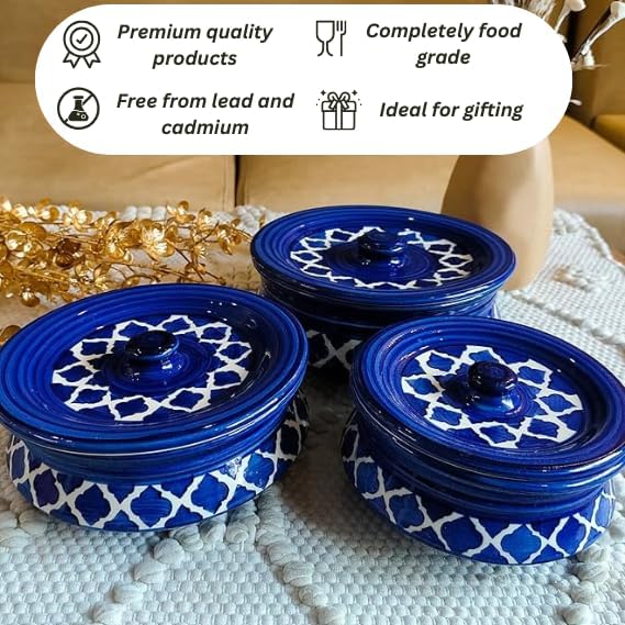 Image of Niyara Premium Handcrafted Ceramic Casserole /Donga Set with Lids | Serving Bowls for Hot Food | Microwave & Dishwasher Safe | Set of 3 (1000ML, 650ML, 550ML) | Moroccan Blue