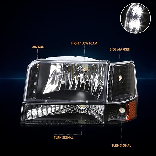 Miniatura 8 de PM PERFORMOTOR LED DRL - Barra de luz LED de repuesto para faros delanteros de doble LED, color negro, compatible con 92-96 F150  F250  F350  92-96