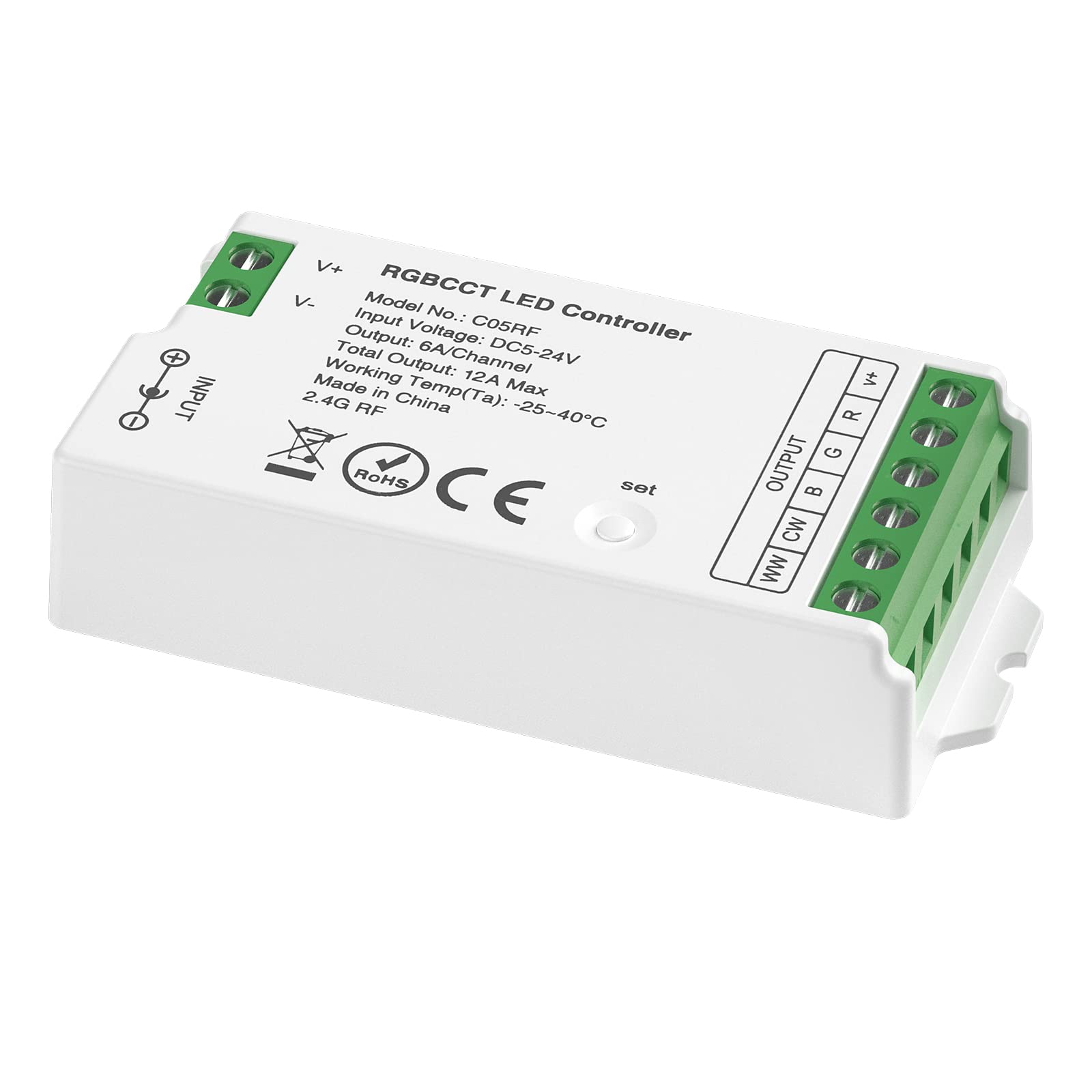 SEZO C05RF 2.4GHz RGBCCT LED Strip Controller Color Change Color Temperature Adjustment Controlled by LM091 RC03RF RF Remote/Tuya 2.4GHz Gateway DC5-24V Max 12A (Remote/Gateway Not Included)