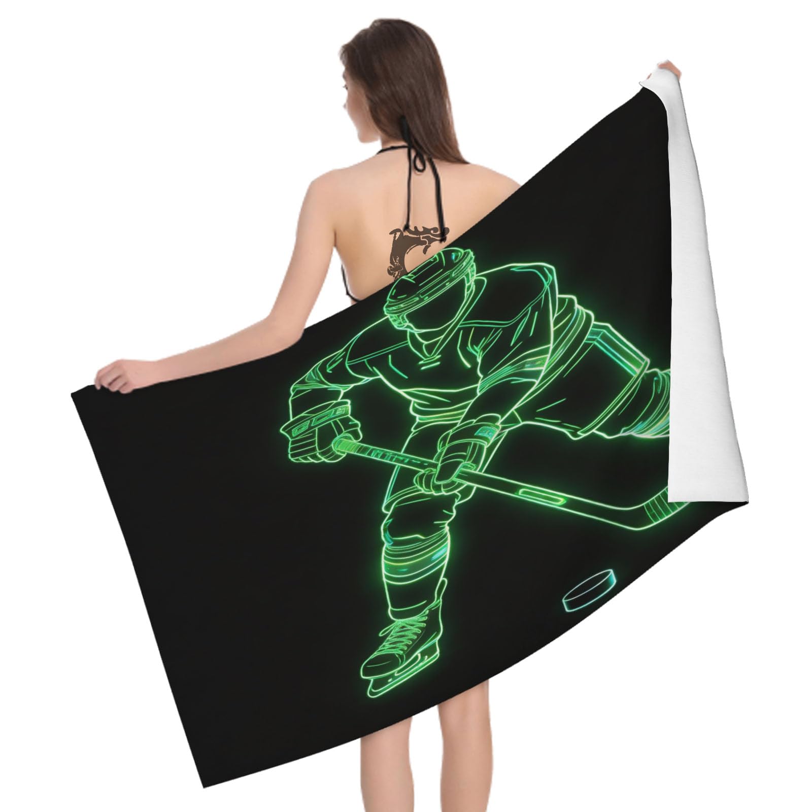 Leichong 3D Ice Hockey Player Beach Towel Microfiber Soft Quick Dry for Adults, Sports Silhouette Bath Towel Lightweight Soft Absorbent for Travel Swimming Pool Sports, 75 x 150 cm