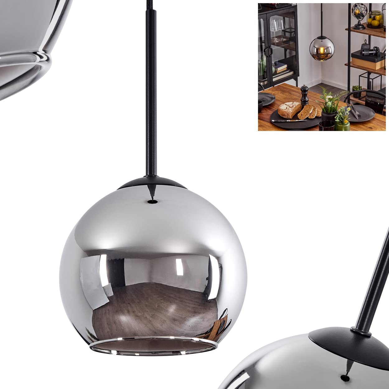 Hofstein Black Koyoto Hanging Lamp, Hanging Lamp Made Of Metal/Glass In /Chrome Colour, 1-Flame Lamp In Vintage/Retro Design With Glass Lampshade (Ø 15 Cm), Max. Height 147.5 Cm, 1 X E27, Without Bulb