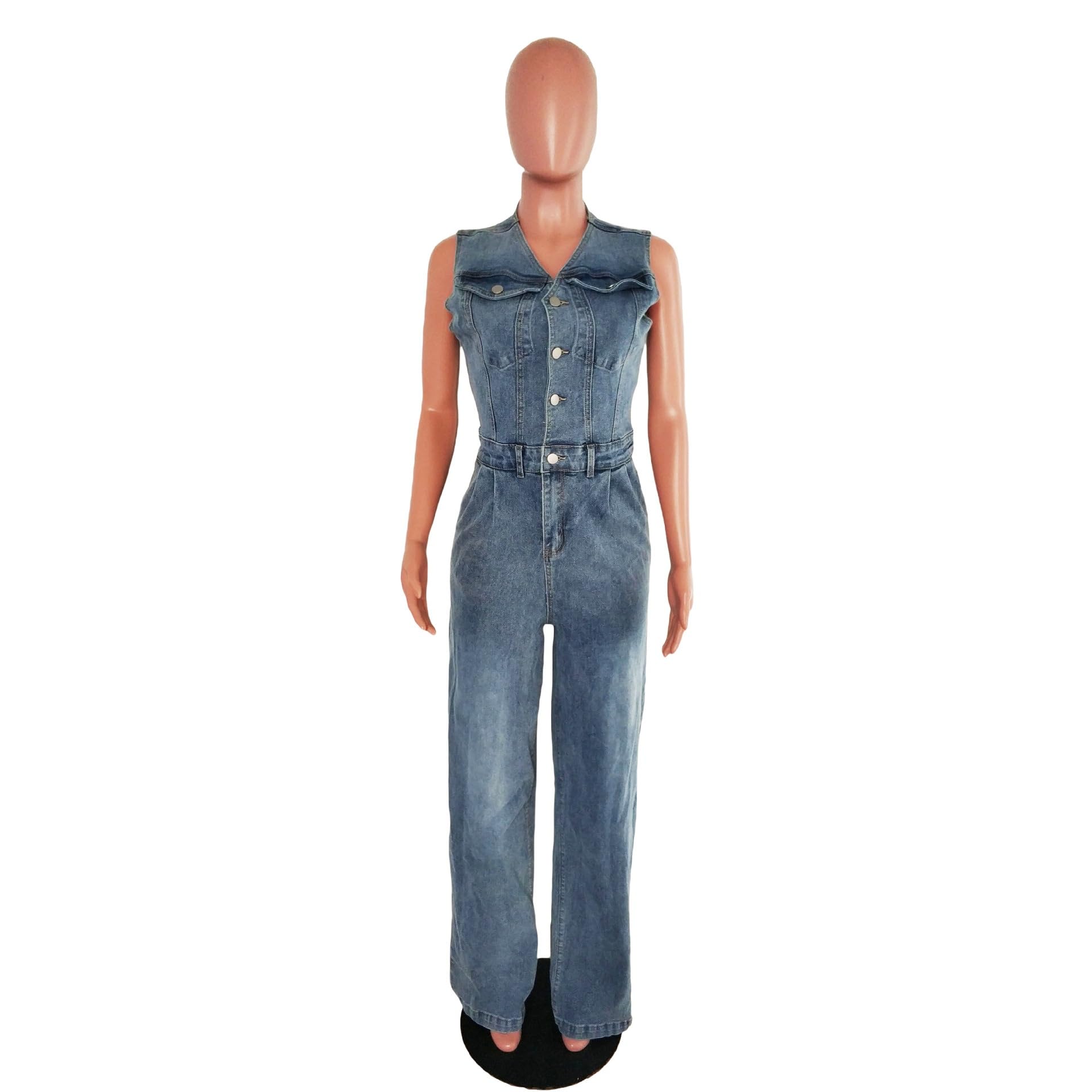 Combinaisons En Jean Sexy Pour Femmes Col En V, Sans Manches Jambes Larges