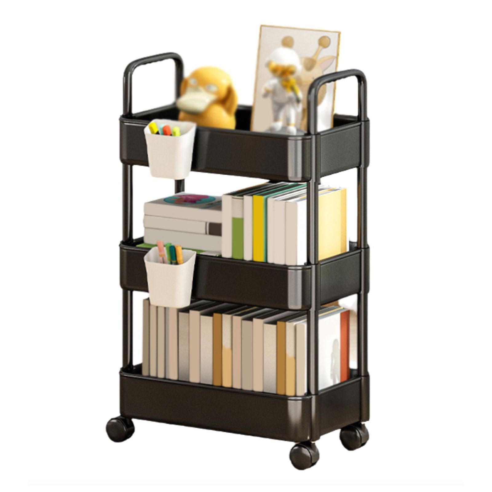 Carrello multifunzione con ruote a 3 ripiani, per cucina, soggiorno, ufficio, colore nero, facile da spostare, elegante e versatile