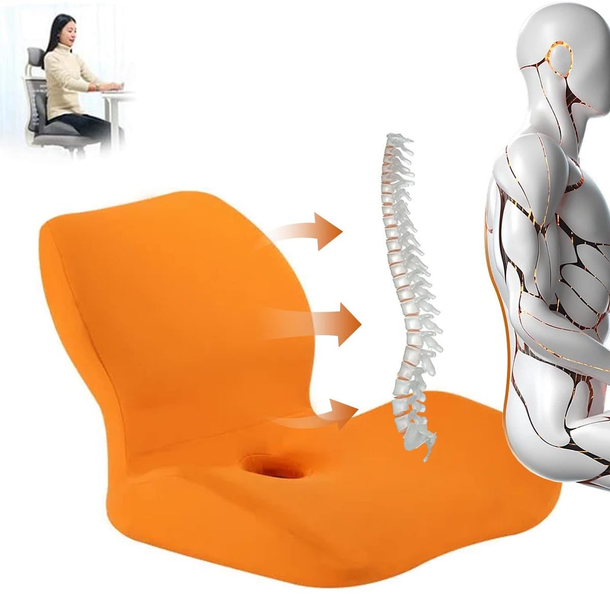 Work Chair Cushion Butt and Back Support, Car seat Seat Cushion for Tailbone Pain Relief, Seat Cushion for Office Chair (Orange, Regular Style)