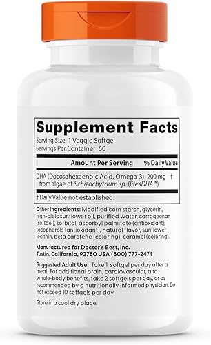 Miniatura 3 de Doctor's Best DHA vegetariano de algas, sin OMG, vegano, sin gluten, 200 mg, 60 unidades