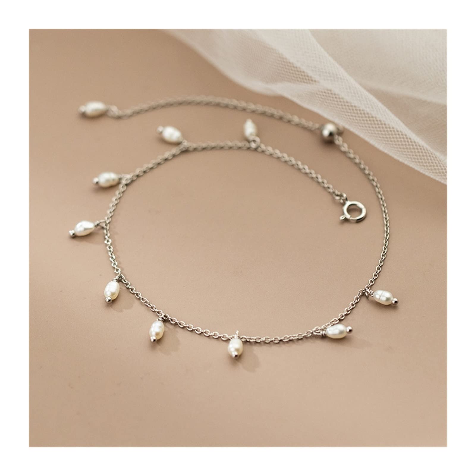 Fußkettchen/Fußkettchen Fußkettchen Damen, 925 Sterling Silber Perlenquaste Fußkettchen Einfache verstellbare Fußkettchen Feine Fußketten für Frauen Fußkettchen (Farbe: Silber)