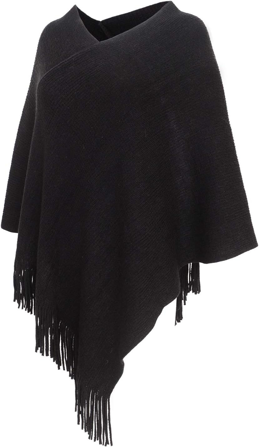 Fomolom Womens Poncho Sweater V Neck Knitted Pullover Shawls Wraps Capes with Fringes Gifts for Women Mom - Image 3