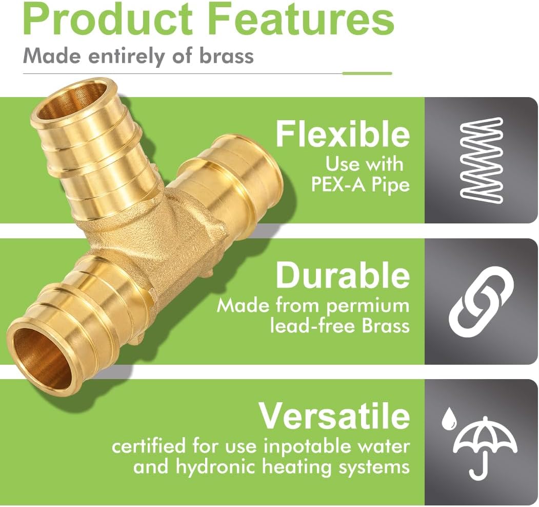 5 PACK 3/4" Tee Pex-A Fittings Heavy Duty Brass Expansion PEX-A Fittings for For Pipe-A connection, NSF/ANSI 61 NSF 372 Certificate, ASTM F1960 Certified