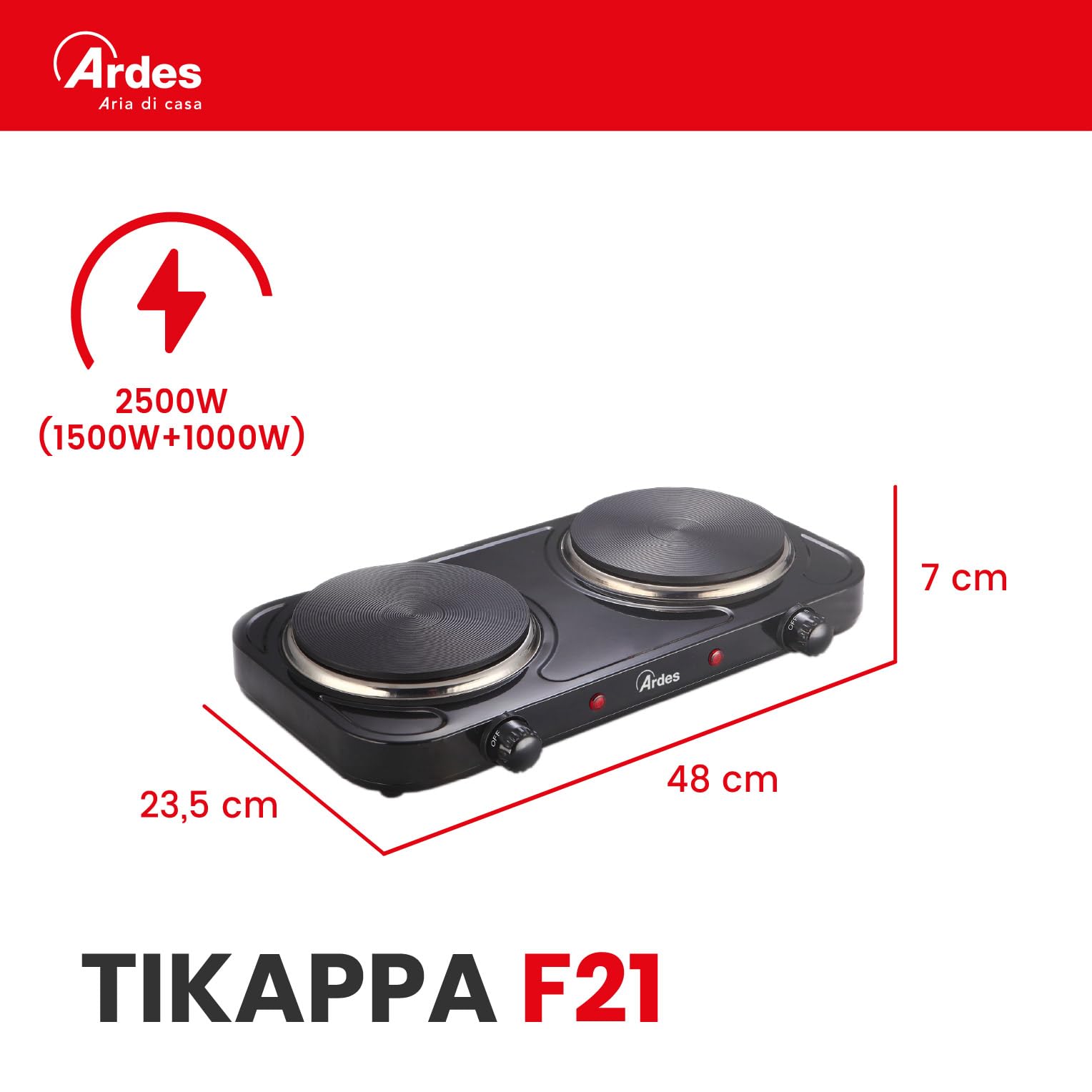 ARDES Hornillo eléctrico para cocinar, de 2500W en acero pintado para Camping y Cocina con 2 Placas de fundición Diámetro 15,5cm y 18 cm y 2 Termostatos Modelo TIKAPPA AR1F21 Negro