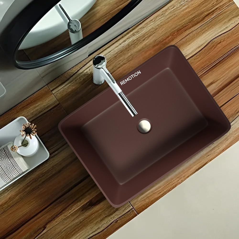 REMOTION Quartz Wash Basin Countertop | Tabletop Quartz Sink | Wash Basin Over Counter | Vessel Sink | Wash Basin for Bathroom (18 x 13 x 5.5 Inch) (Brown) 2