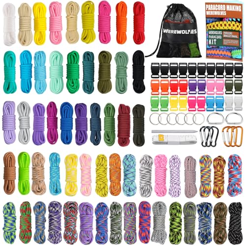 WEREWOLVES Paracord 550 - Kits de manualidades con instrucciones (idioma español no garantizado), 60 colores, cuerda de paracaídas multifunción de 10 pies y accesorios completos para hacer pulseras de