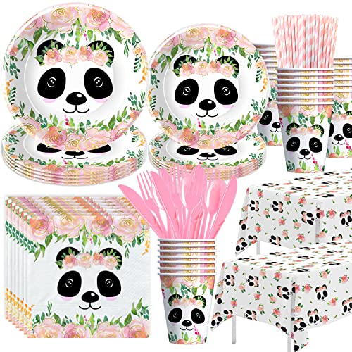 HIPVVILD Panda Party Supplies For Birthday & Baby Shower Panda Birthday Party Decorations Tableware For Girls Paper Plate Cup Napkin Tablecloth Cutlery Straw | Serves 24
