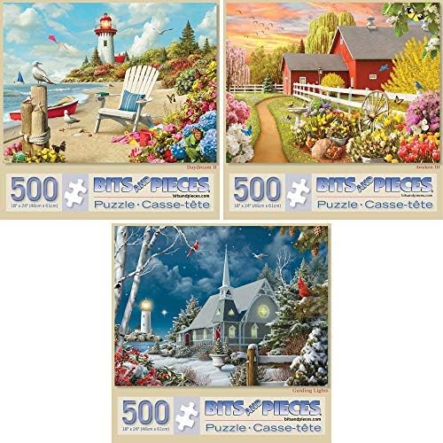 Value Set of Three 500 Piece Jigsaw Puzzles for Adults – Awaken, Guiding Lights, and Daydream Jigsaw Puzzles by Artist Alan Giana, Completed Puzzle Size: 18" x 24"