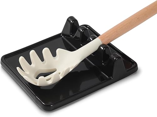 Soporte para utensilios de cerámica con almohadilla de goteo para múltiples utensilios, resistente al calor, soporte para cuchara y soporte para