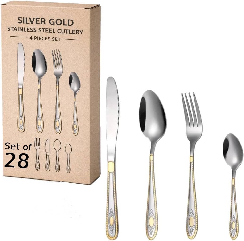 Mirror Finish Silver Gold Plated Stainless Steel Flatware Set Copper Silverware Set Rose Gold Spoon Color Cutlery Set [Dinner Fork-Tea Spoon-Salad Spoon-Knife] Set of (Silver Gold, 28)