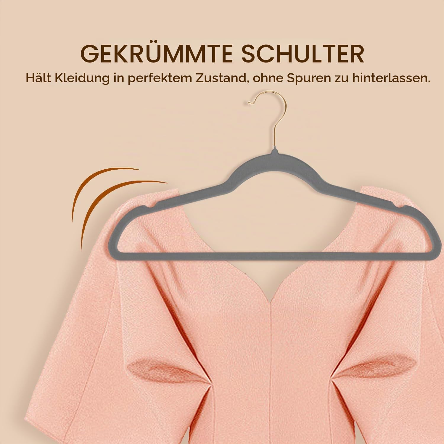 Kleiderbügel Samt, 45 cm rutschfeste Filz Bügel, Stabile Anzugbügel mit Schulterkerben, Platzsparende Kleiderbügel für Mäntel, Hosen, Silbe, 36 Stück – Grau mit Goldene Haken