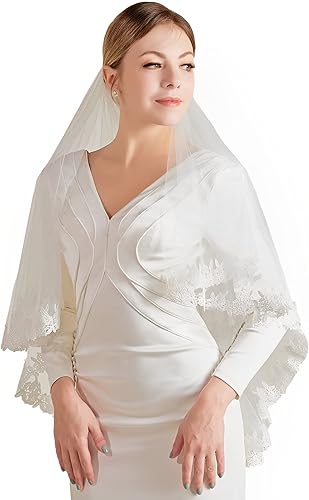 VEPYCLY Womens Short Veils for Brides 2 Tier Lace Wedding Bridal Veil with Comb