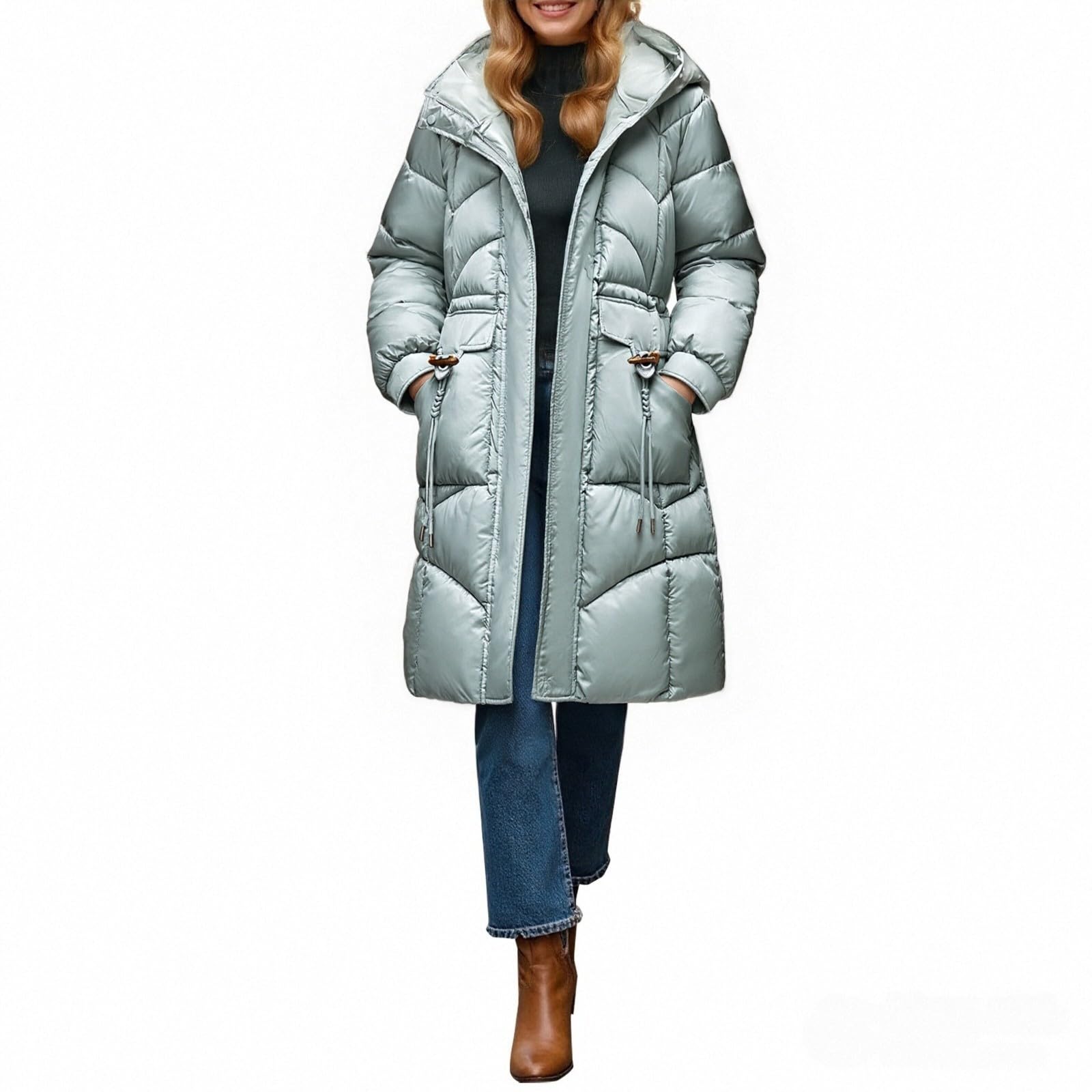 BUKKNYE Women's Coats Winter Jackets Ladies Hooded Parka Long Quilted Puffer Coat Warm Fleece Lined Thick Overcoat Skiing Snowboarding Outerwear with Pockets A-Green